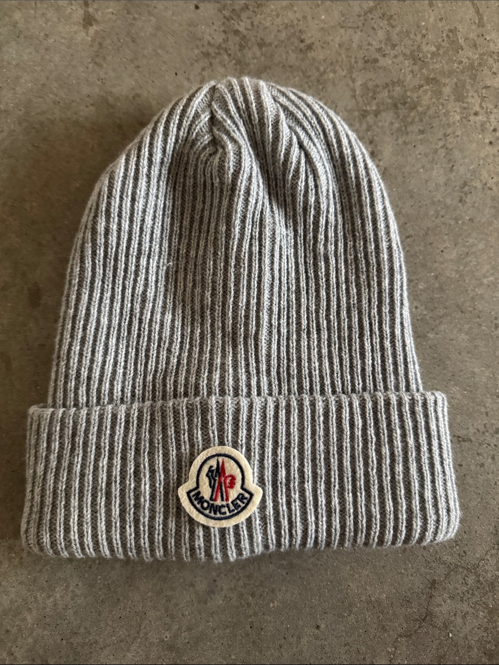 Moncler Light Gray Ribbed Cuffed Beanie with Logo Patch